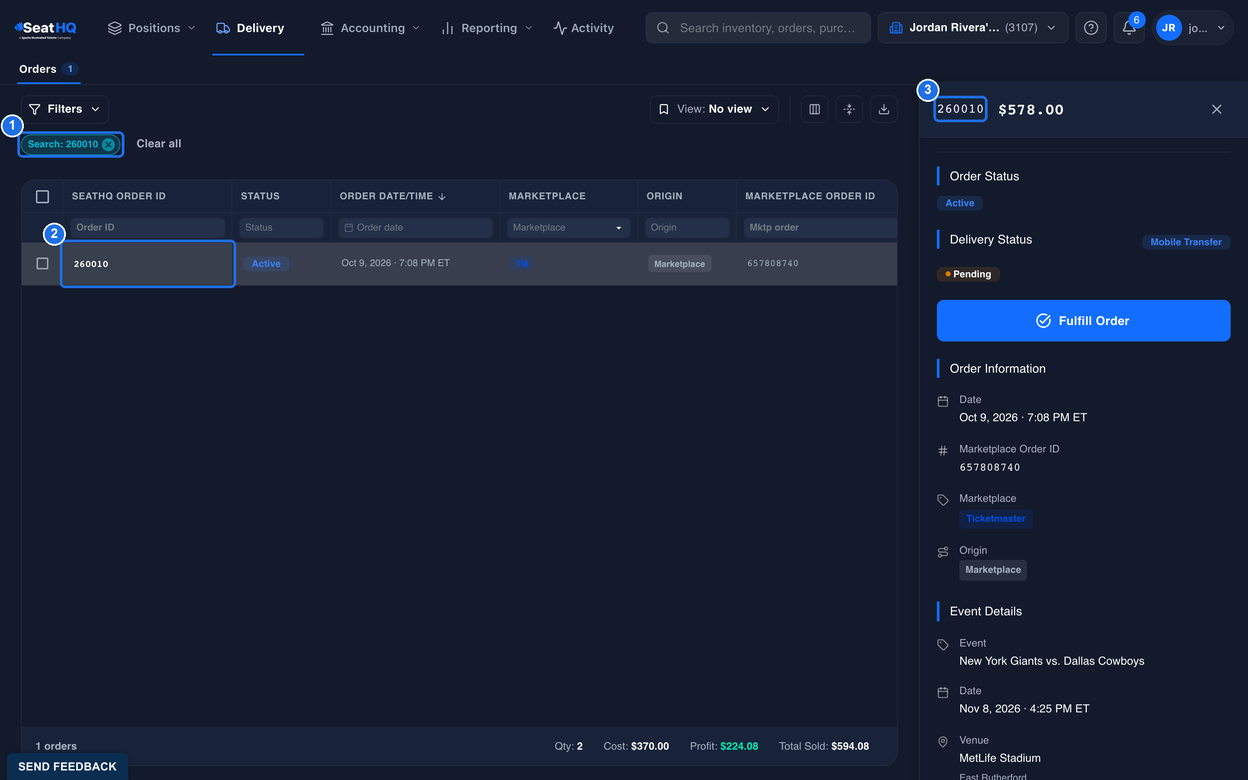 The Orders page with the Search: 260010 chip marked 1, order 260010 in the grid marked 2, and the order's details panel open on the right with 260010 at the top marked 3