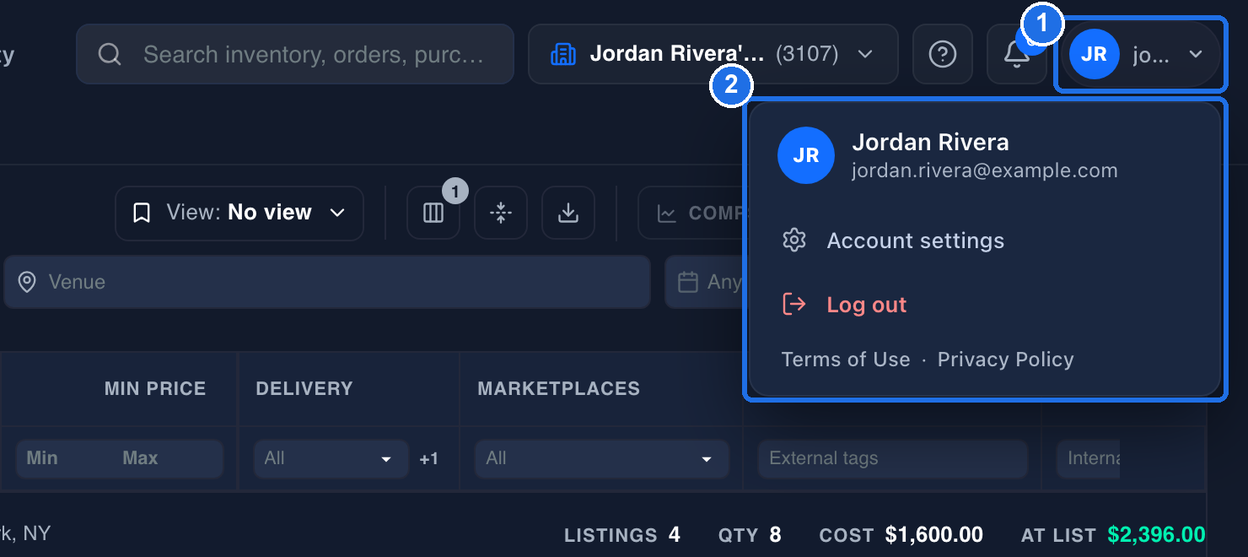 The top right of the page with the initials and email button marked 1 and the open account menu below it marked 2, from your name and email down to the Terms of Use · Privacy Policy line