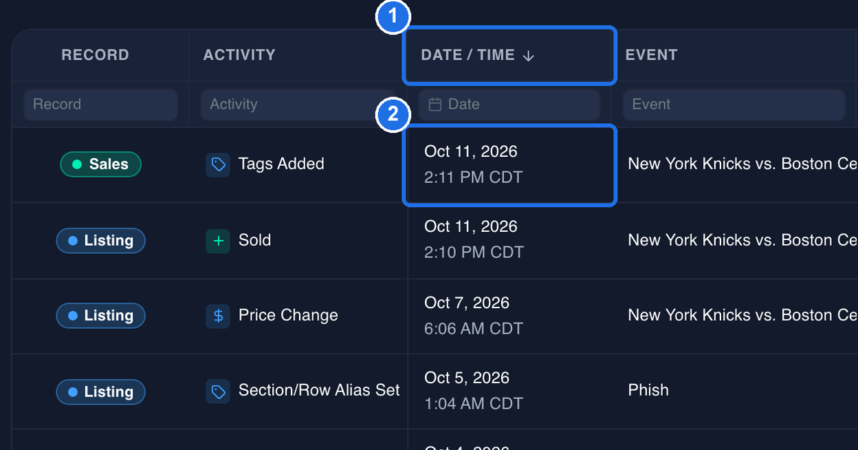 The Activity page with the DATE / TIME column heading marked 1 and the first row's date and time, Oct 11, 2026 2:11 PM CDT, marked 2