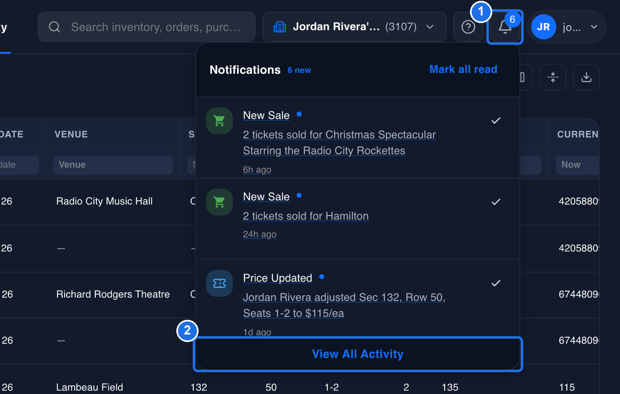 The Notifications panel open under the bell, with the bell marked 1 and View All Activity at the bottom of the panel marked 2