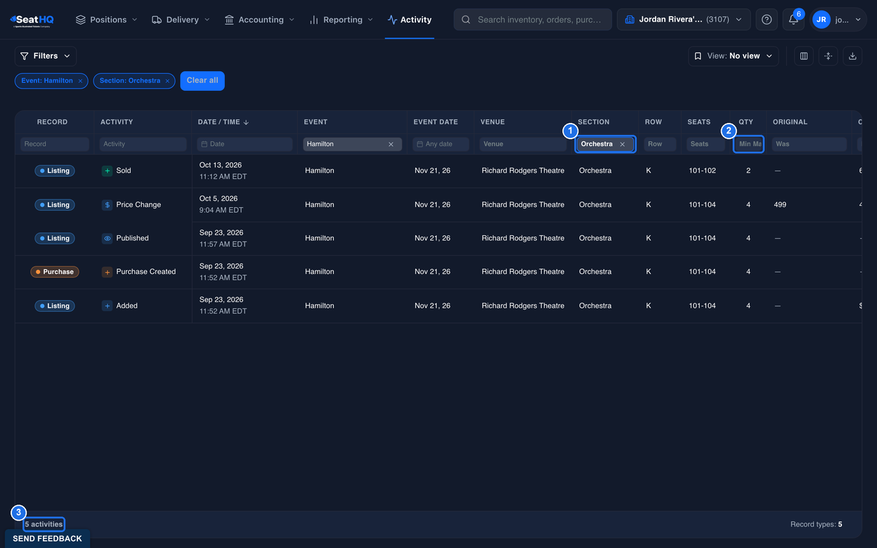The Activity page with the Event: Hamilton and Section: Orchestra chips, Orchestra in the Section box marked 1, the Min / Max box under QTY marked 2 and 5 activities in the footer marked 3