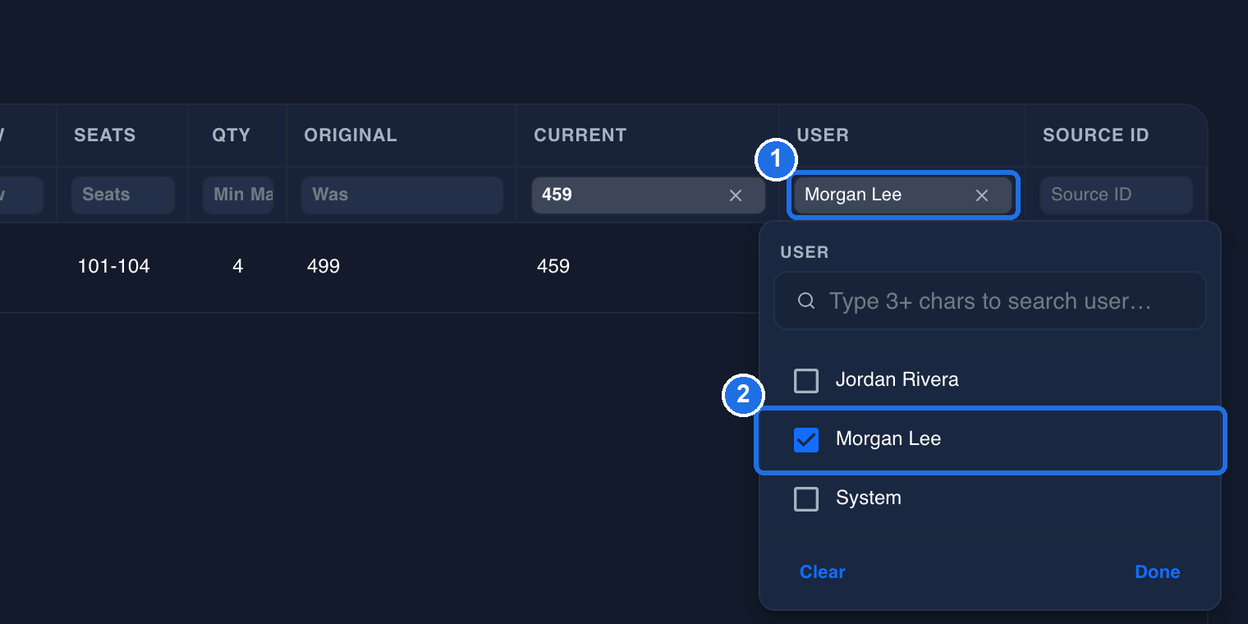 The User box marked 1 with its list open, showing two people and System, with one person ticked, marked 2
