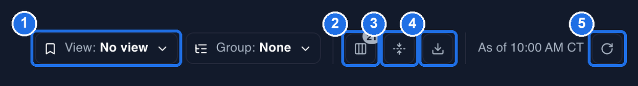 The top right of the Purchases report with View: No view marked 1, the Columns icon marked 2, the Density icon marked 3, the Export CSV icon marked 4 and, after As of 10:00 AM CT, the Refresh icon marked 5; the Group: None dropdown sits between View: No view and the Columns icon