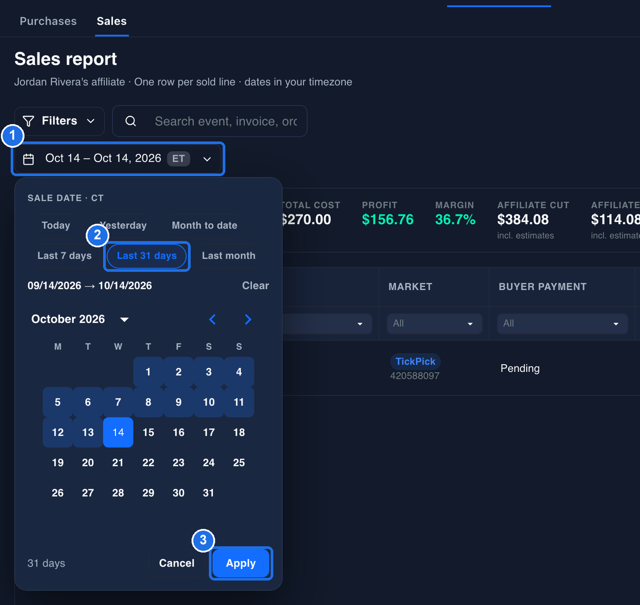 The open date picker on the Sales report with the date button marked 1, the six presets from Today to Last month with Last 31 days marked 2, and Apply marked 3, with 09/14/2026 → 10/14/2026 shown above the calendar and October 1 to 14 highlighted