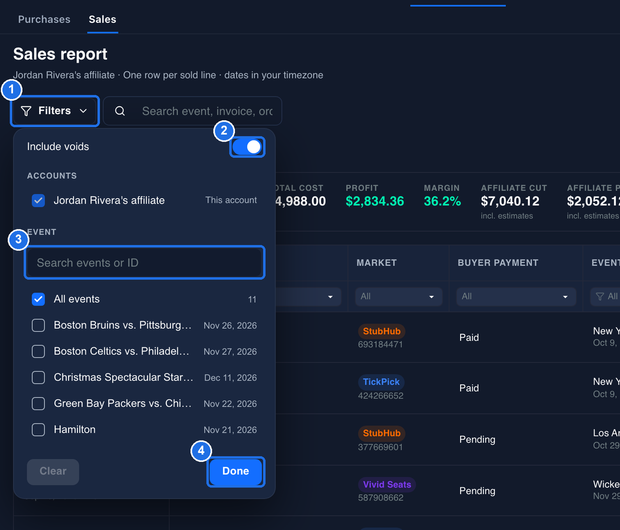 The open Filters list on the Sales report with Filters marked 1, the Include voids switch turned on marked 2, the Search events or ID box marked 3 and Done marked 4